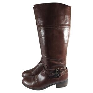 UNISA! CHOCOLATE BROWN GENUINE LEATHER DUAL STRAP, CHUNKY HEEL BOOTS! SZ 9M